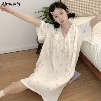 Ночные рубашки Женские Летние с цветочными оборками, милая принцесса, повседневный Корейский стиль, шикарный домашний эстетичный Нежный базовый салон, универсальные мягкие