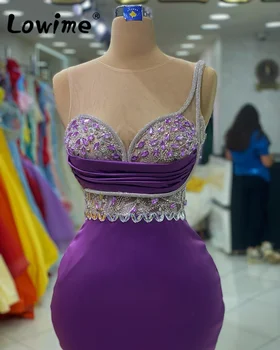 Фиолетовое простое атласное вечернее платье для женщин с длинным рукавом 