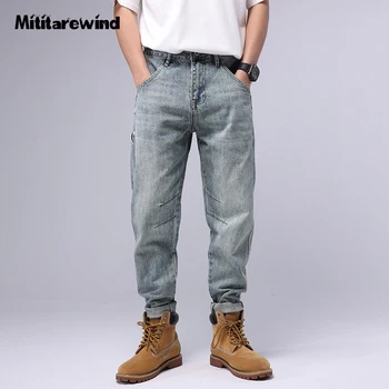 Винтажные джинсовые брюки в стиле сафари, мужские повседневные свободные прямые джинсовые брюки, мужская Выстиранная Осенью Мужская одежда, сложенные брюки