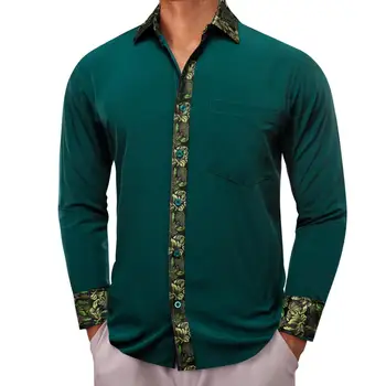 Дизайнерские рубашки для мужчин, шелковые, с длинным рукавом, Зеленые, однотонные, с нашивкой в виде цветка, Облегающие мужские блузки, повседневные топы Barry Wang