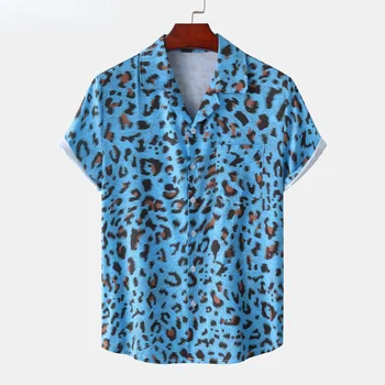 Голубая Гавайская Рубашка с Леопардовым Принтом для Мужчин 2023, Сексуальная Новая Пляжная Рубашка С Коротким Рукавом, Повседневная Праздничная Рубашка Для Дискотеки, Сорочка