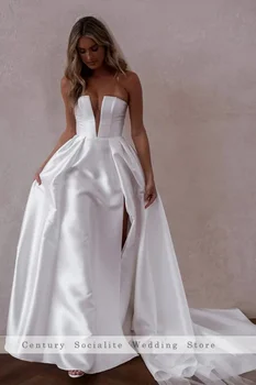 Атласное Свадебное Платье для Женщин 2023 Простые Свадебные Платья Трапециевидной Формы С Разрезом Сбоку Без Бретелек Платья Невесты Robe de Mariee Nouveaute