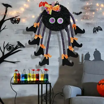 Венок из пауков на Хэллоуин, украшение из пауков с ножками ведьмы, жуткий милый декор на Хэллоуин, венок из пауков с ножками ведьмы в горошек