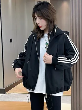 Женская бейсбольная куртка с длинным рукавом, Корейская повседневная спортивная верхняя одежда, Свободное пальто с капюшоном, весна