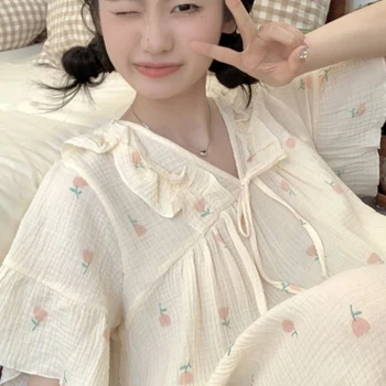 Ночные рубашки Женские Летние с цветочными оборками, милая принцесса, повседневный Корейский стиль, шикарный домашний эстетичный Нежный базовый салон, универсальные мягкие