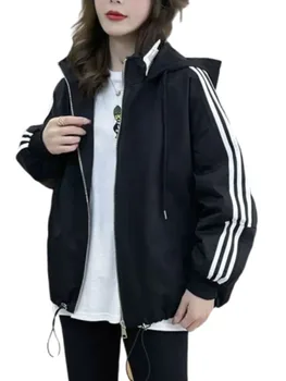 Женская бейсбольная куртка с длинным рукавом, Корейская повседневная спортивная верхняя одежда, Свободное пальто с капюшоном, весна