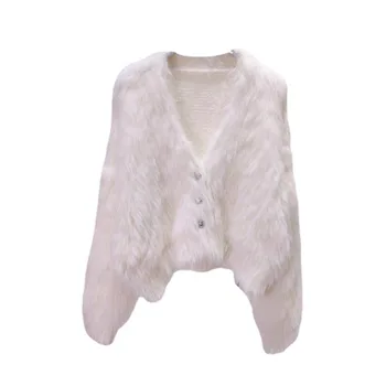 Осенне-зимний вязаный кардиган Xiaoxiangfeng, милый свитер с имитацией норки, женское плюшевое пальто