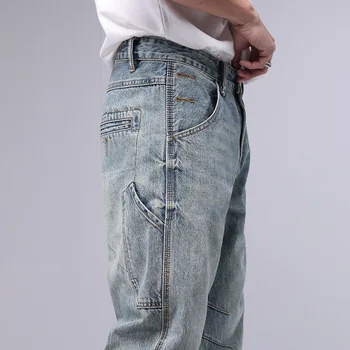 Винтажные джинсовые брюки в стиле сафари, мужские повседневные свободные прямые джинсовые брюки, мужская Выстиранная Осенью Мужская одежда, сложенные брюки