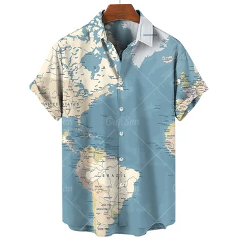 Мужские Летние Рубашки Карта Мира 3D Печать Негабаритные Пуговицы С Короткими Рукавами Свободные Повседневные Модные Рубашки Европейского Размера Свободного Кроя