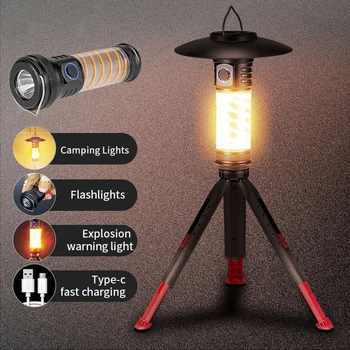 Аварийная лампа 3 в 1 со штативом, уличный светодиодный фонарик, зарядка типа C, ретро фонарь для кемпинга, водонепроницаемый 2000 мАч, для пеших прогулок, барбекю