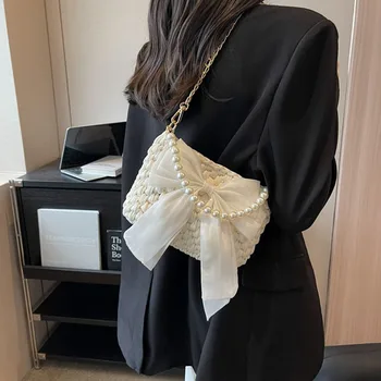 Женская сумка через плечо ручной работы, связанная крючком из веревки, дизайнерские вязаные сумки через плечо для женщин, сумки с жемчугом, цепочки, слинг, сумка-тоут