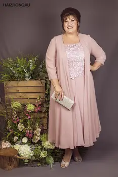 Большие размеры, платья для матери невесты с жакетом, светло-розовый шифоновый топ, кружевное платье для жениха на свадьбу, халат De Soriee