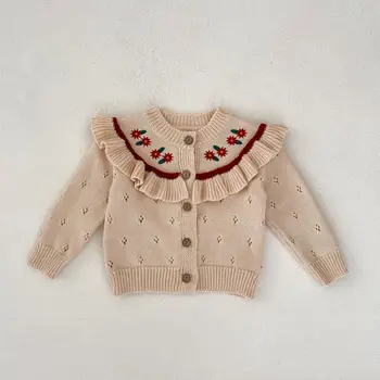 Осенний свитер для малышей 2023 года, вязаный кардиган с вышитым воротником-лотосом для маленьких девочек, пальто, хлопковая куртка для детей от 0 до 3 лет, топы
