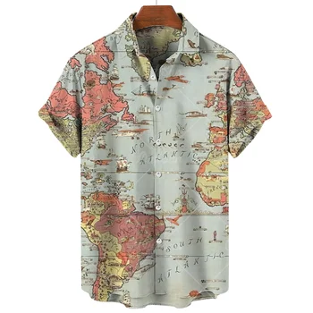 Мужские Летние Рубашки Карта Мира 3D Печать Негабаритные Пуговицы С Короткими Рукавами Свободные Повседневные Модные Рубашки Европейского Размера Свободного Кроя
