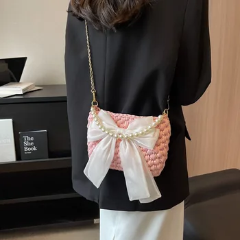 Женская сумка через плечо ручной работы, связанная крючком из веревки, дизайнерские вязаные сумки через плечо для женщин, сумки с жемчугом, цепочки, слинг, сумка-тоут