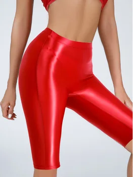 Сексуальные женские штаны для йоги, масляные глянцевые эластичные джеггинсы, прозрачные мягкие эластичные повседневные шорты с высокой талией, обтягивающие шорты длиной до колен
