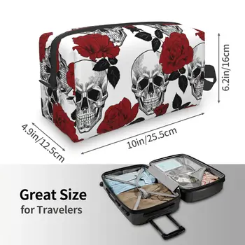 Черная косметичка с готическим цветком черепа, сумки для хранения цветов Сахарного черепа, портативная косметичка большой емкости Унисекс для путешествий и работы