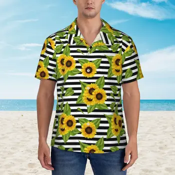 Мужские повседневные гавайские рубашки с подсолнухом, пляжные рубашки на пуговицах с коротким рукавом, рубашки с тропическим цветочным рисунком