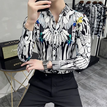 Весенне-летняя мужская тонкая роскошная социальная рубашка с цифровым принтом личности, рубашка с длинным рукавом, мужская клубная рубашка, размер M-6XL