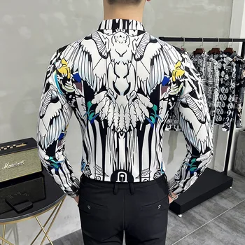 Весенне-летняя мужская тонкая роскошная социальная рубашка с цифровым принтом личности, рубашка с длинным рукавом, мужская клубная рубашка, размер M-6XL